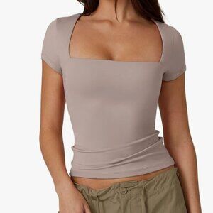 Square Neck Fitted Top Taupe Stretch Tee Body Contour M NWT